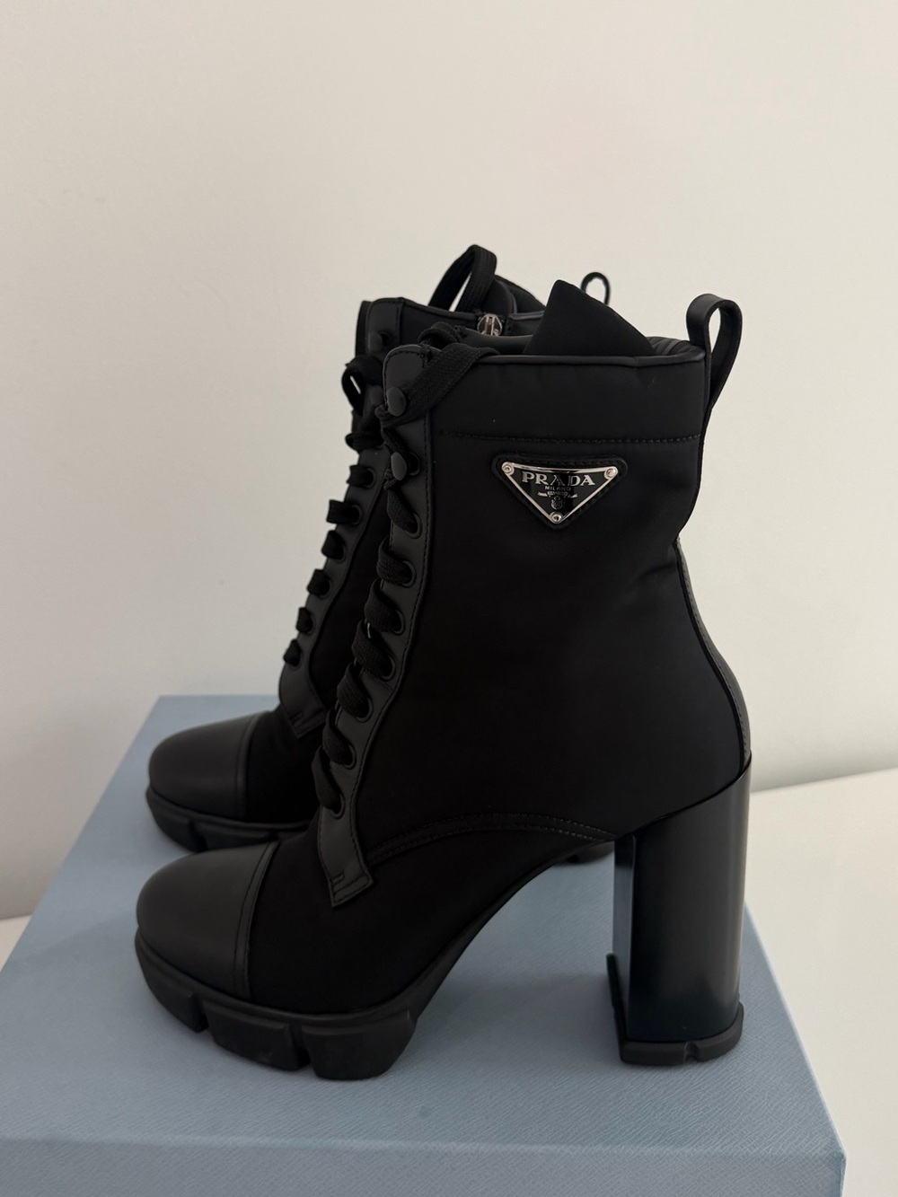 Prada Black Lace-Up Platform Ankle Boots with Logo Patch - Picture 4 of 5